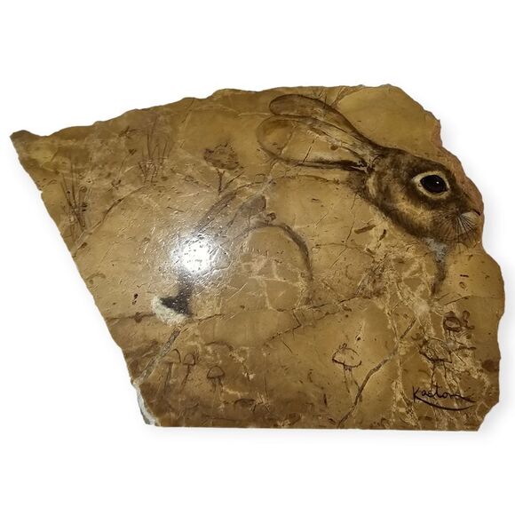Vintage 80s Stone Slab Marble Rabbit Painting Signed Decor Piece - Picture 7 of 8